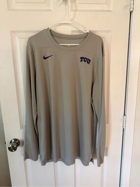 Nike Gray Long Sleeve TCU Athletic Shirt with Embroidered Logo and Nike Swoosh